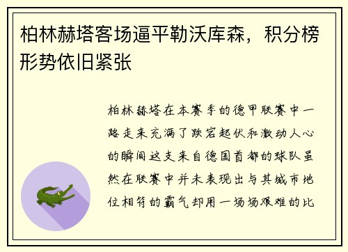 柏林赫塔客场逼平勒沃库森，积分榜形势依旧紧张
