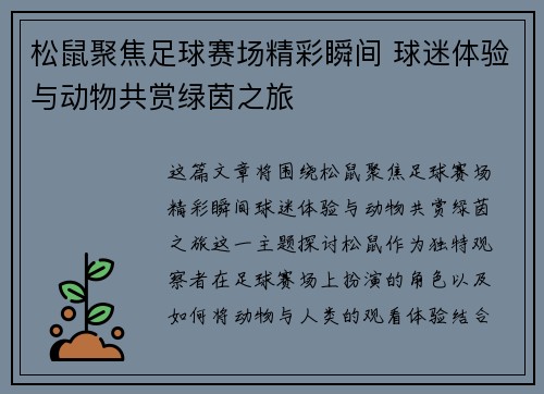 松鼠聚焦足球赛场精彩瞬间 球迷体验与动物共赏绿茵之旅